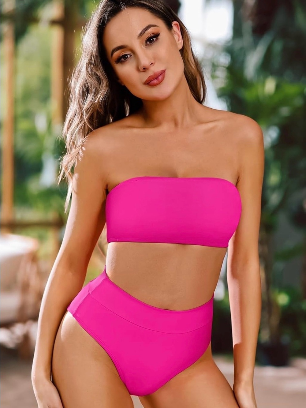 Strapless High-Waist Bandeau Bikini Set - Hot Pink